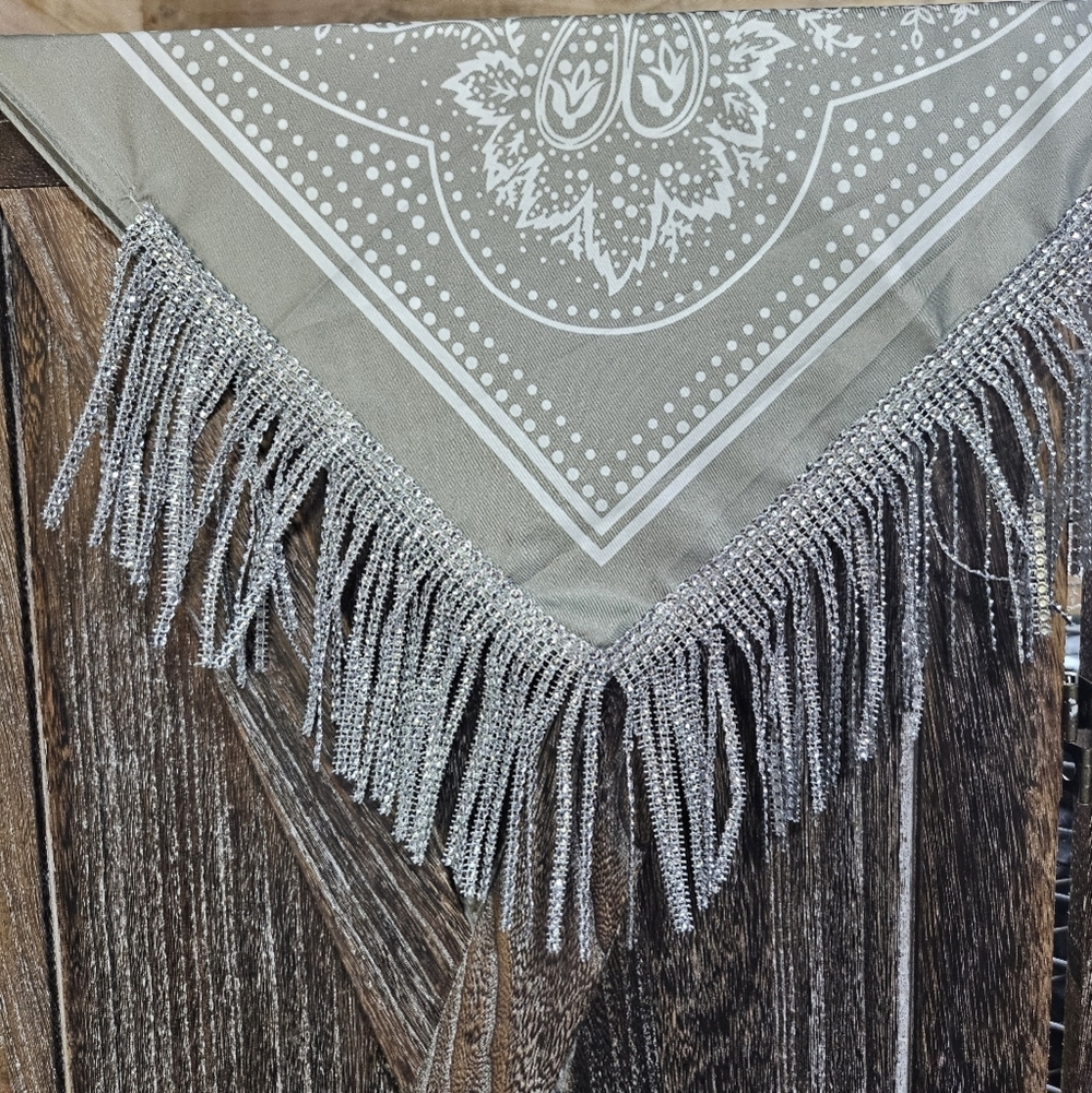 NWT Green Grey Satin Bandana Wild Rag with Beaded Rhinestone Fringe